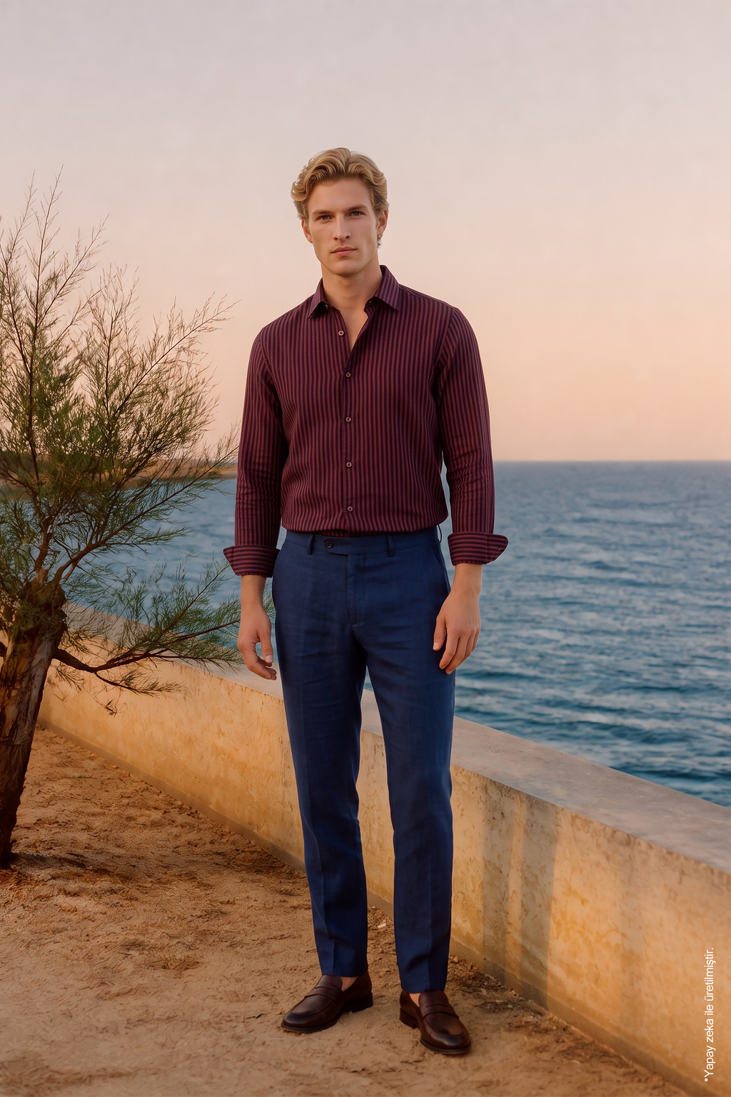 Bordo Siyah Dikey Çizgili Pamuk Uzun Kollu Slim Fit Erkek Gömlek