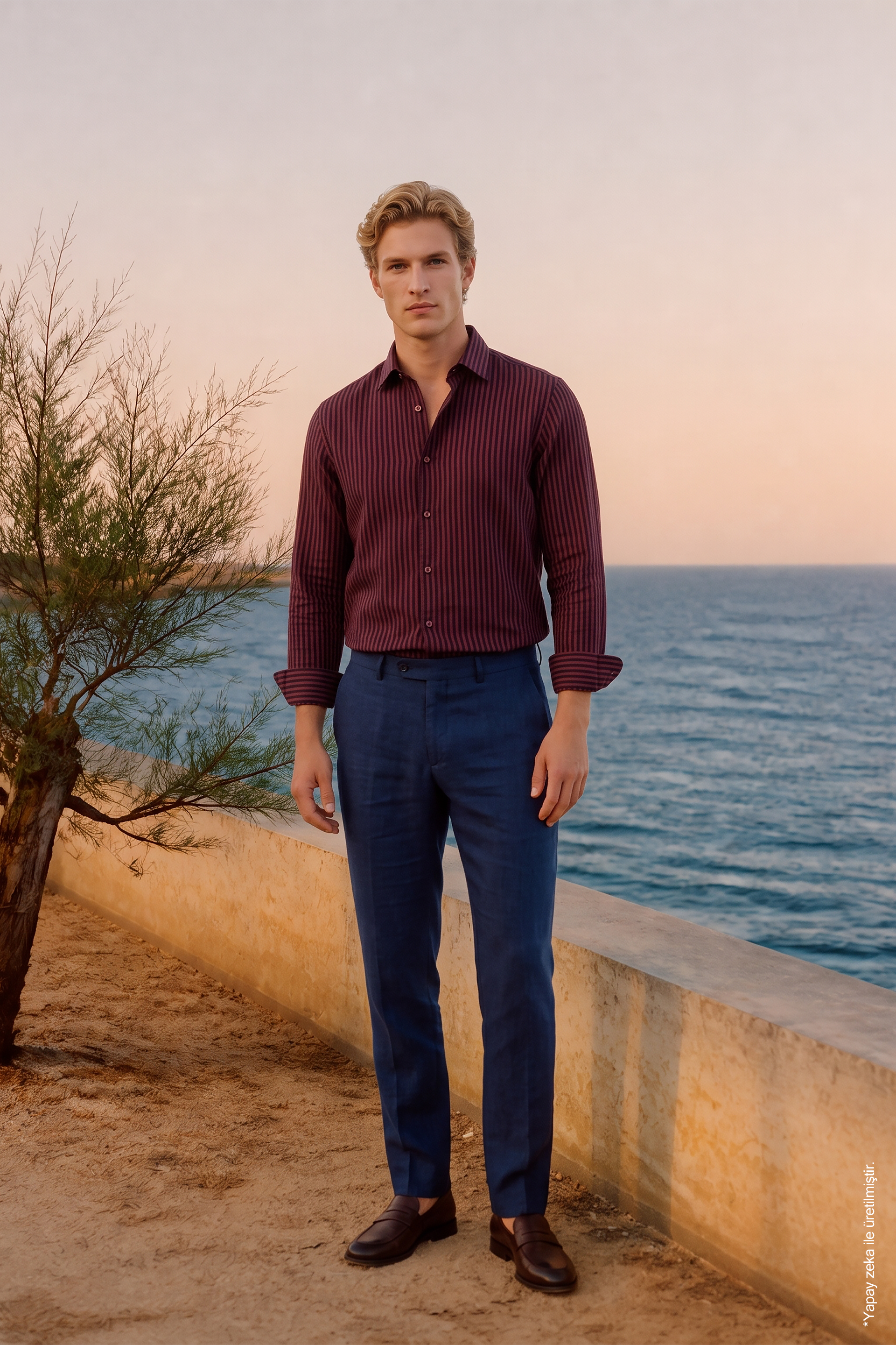 Bordo Siyah Dikey Çizgili Pamuk Uzun Kollu Slim Fit Erkek Gömlek
