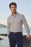 Beyaz Siyah Pamuk İnce Ekose Uzun Kollu Slim Fit Erkek Gömlek