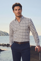 Beyaz Siyah Pamuk İnce Ekose Uzun Kollu Slim Fit Erkek Gömlek