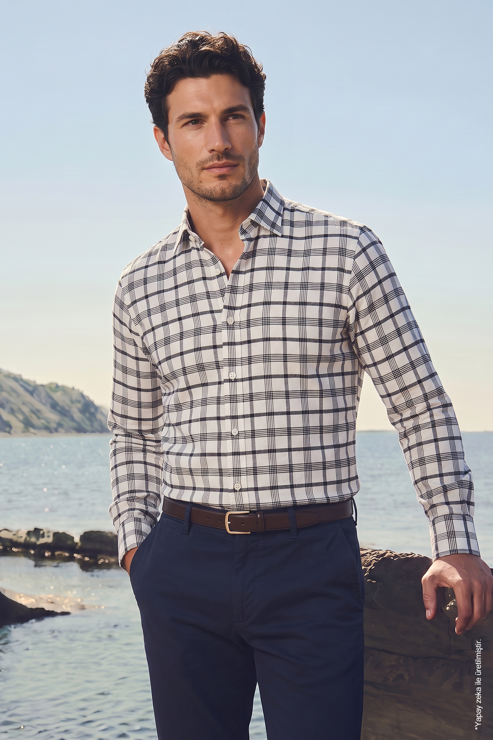 Beyaz Siyah Pamuk İnce Ekose Uzun Kollu Slim Fit Erkek Gömlek