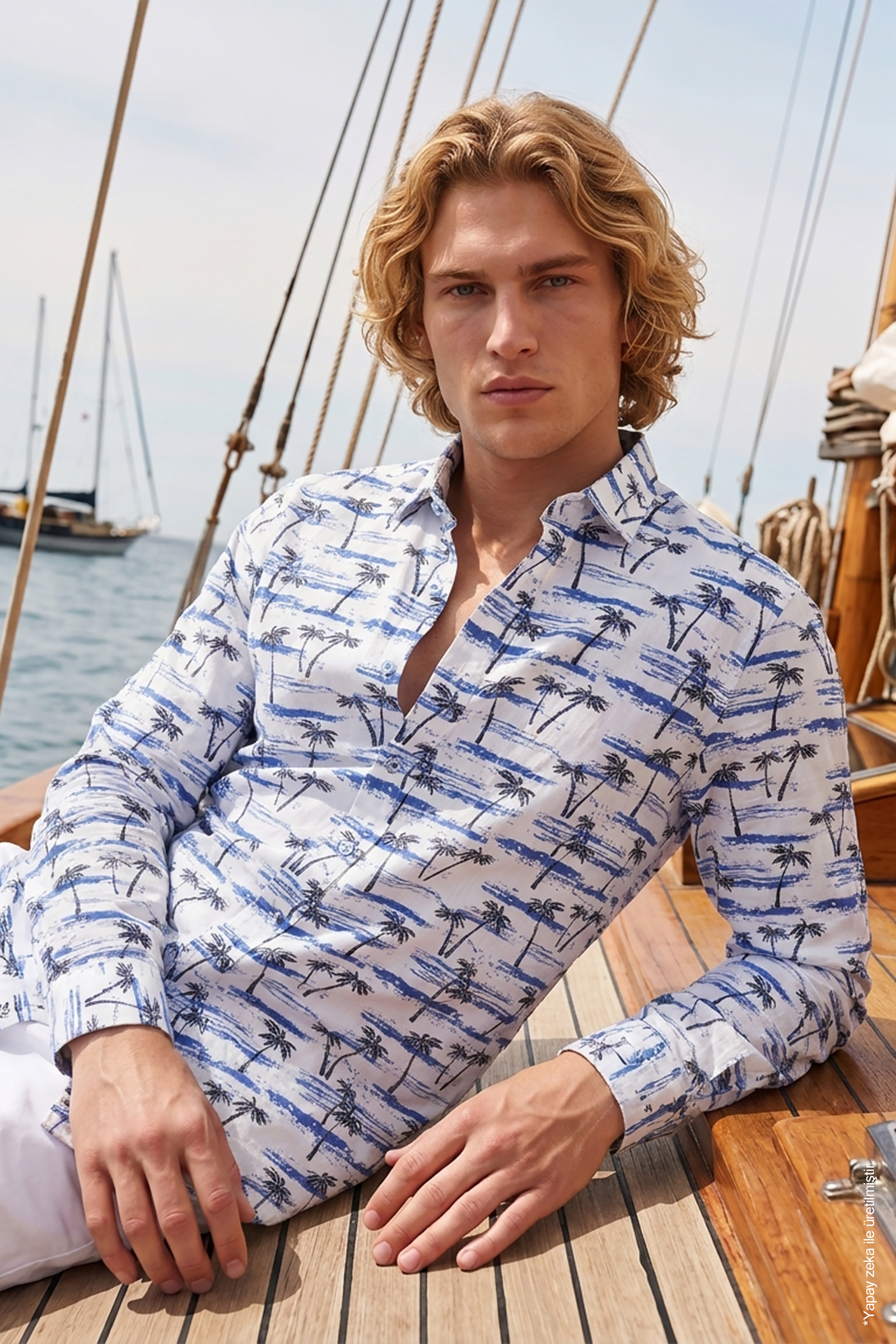 Beyaz Mavi Palmiye ve Sahil Desenli Slim Fit Erkek Gömlek