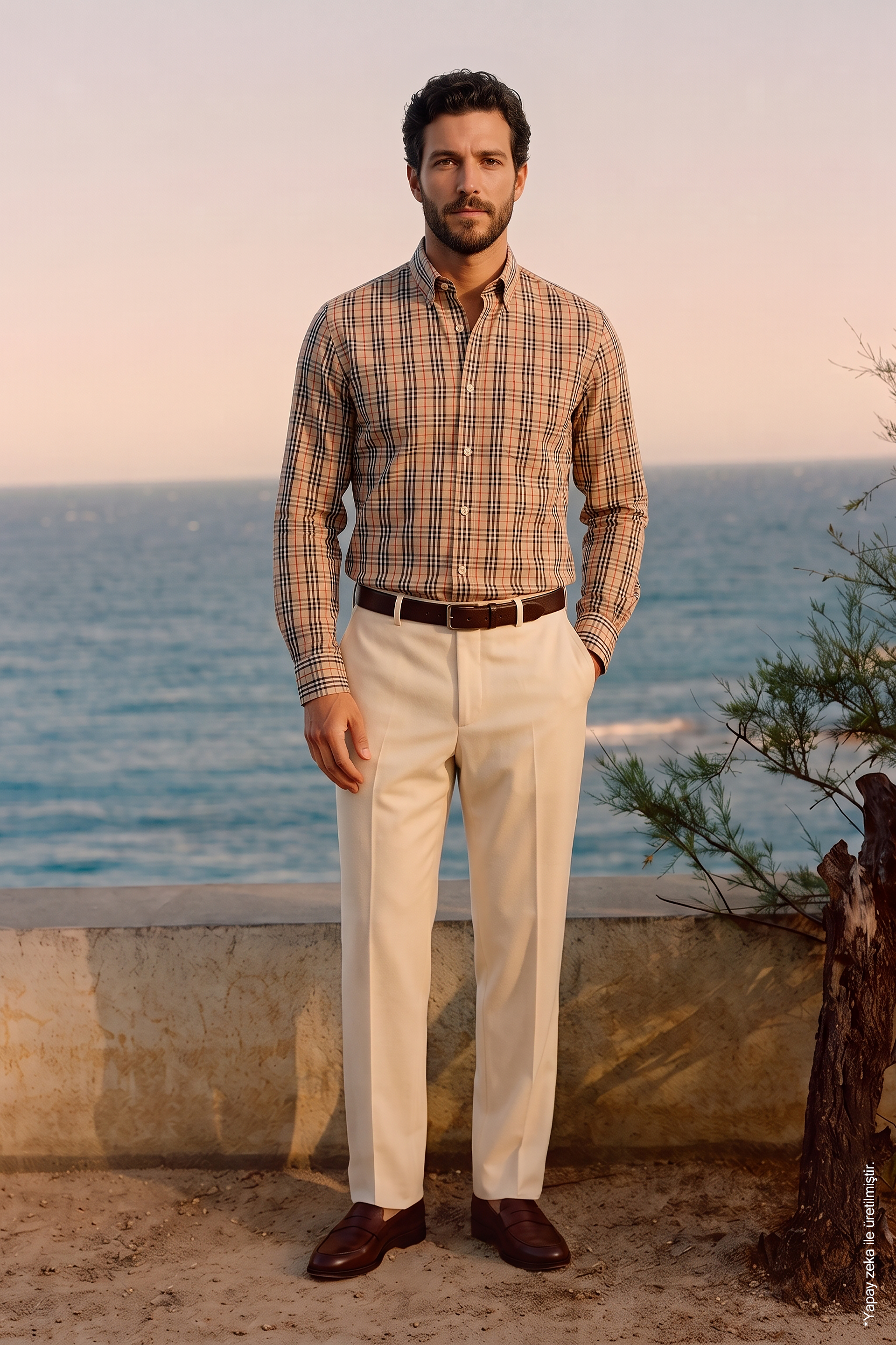Bej Çok Renkli İnce Ekose Düğmeli Yaka Pamuk Slim Fit Erkek Gömlek