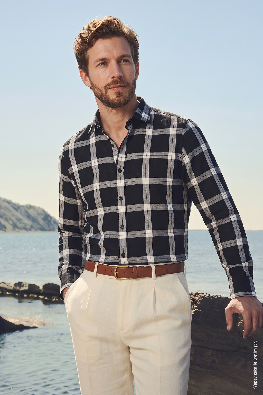 Siyah Beyaz Büyük Ekose Pamuk Uzun Kollu Slim Fit Erkek Gömlek