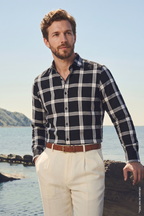 Siyah Beyaz Büyük Ekose Pamuk Uzun Kollu Slim Fit Erkek Gömlek