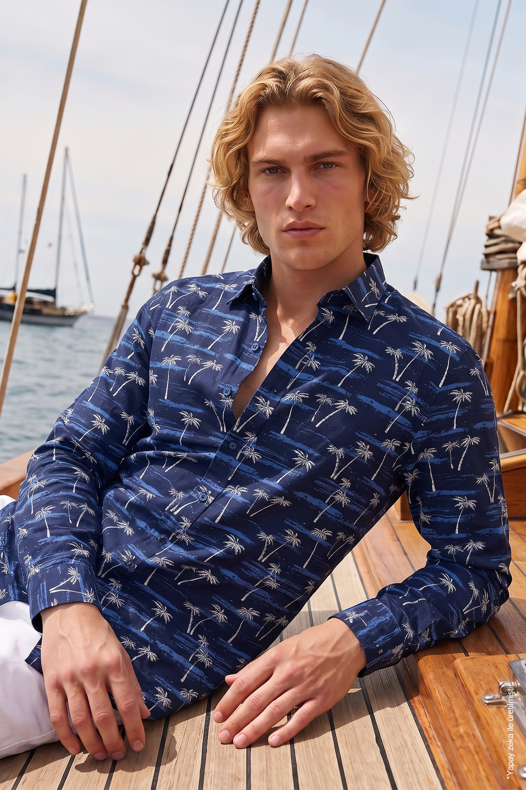 Lacivert Palmiye ve Sahil Desenli Slim Fit Erkek Gömlek