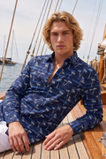 Lacivert Palmiye ve Sahil Desenli Slim Fit Erkek Gömlek