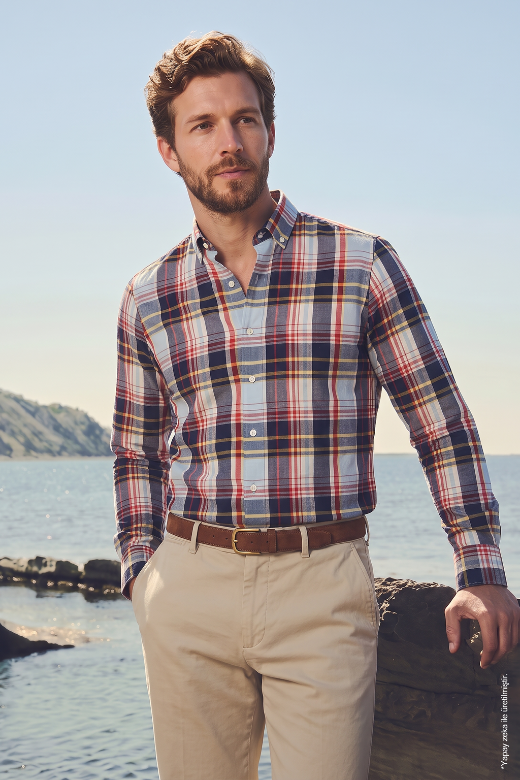 Beyaz Çok Renkli Ekose  Pamuk Düğmeli Yaka Slim Fit Erkek Gömlek