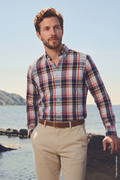 Beyaz Çok Renkli Ekose  Pamuk Düğmeli Yaka Slim Fit Erkek Gömlek