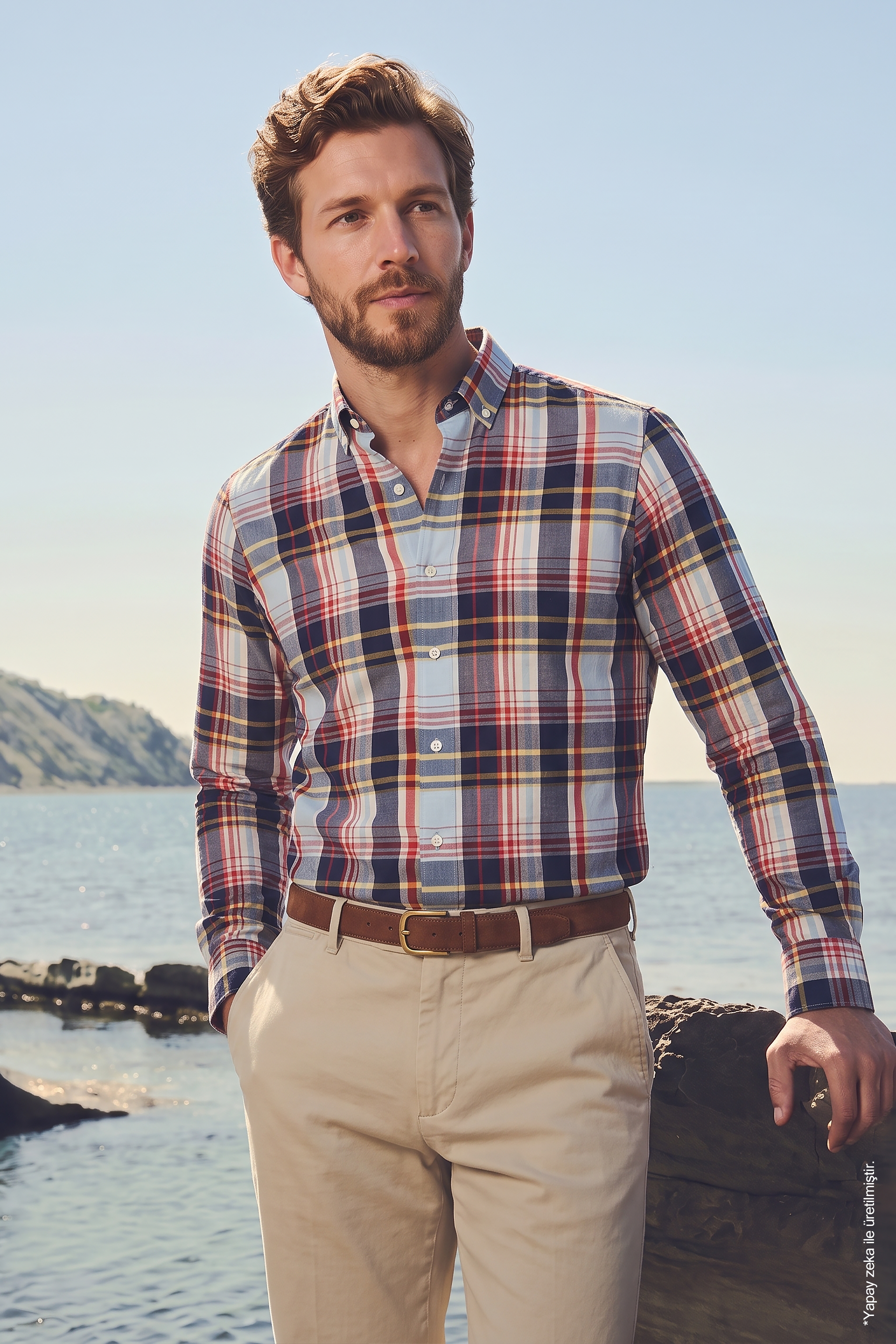 Beyaz Çok Renkli Ekose  Pamuk Düğmeli Yaka Slim Fit Erkek Gömlek