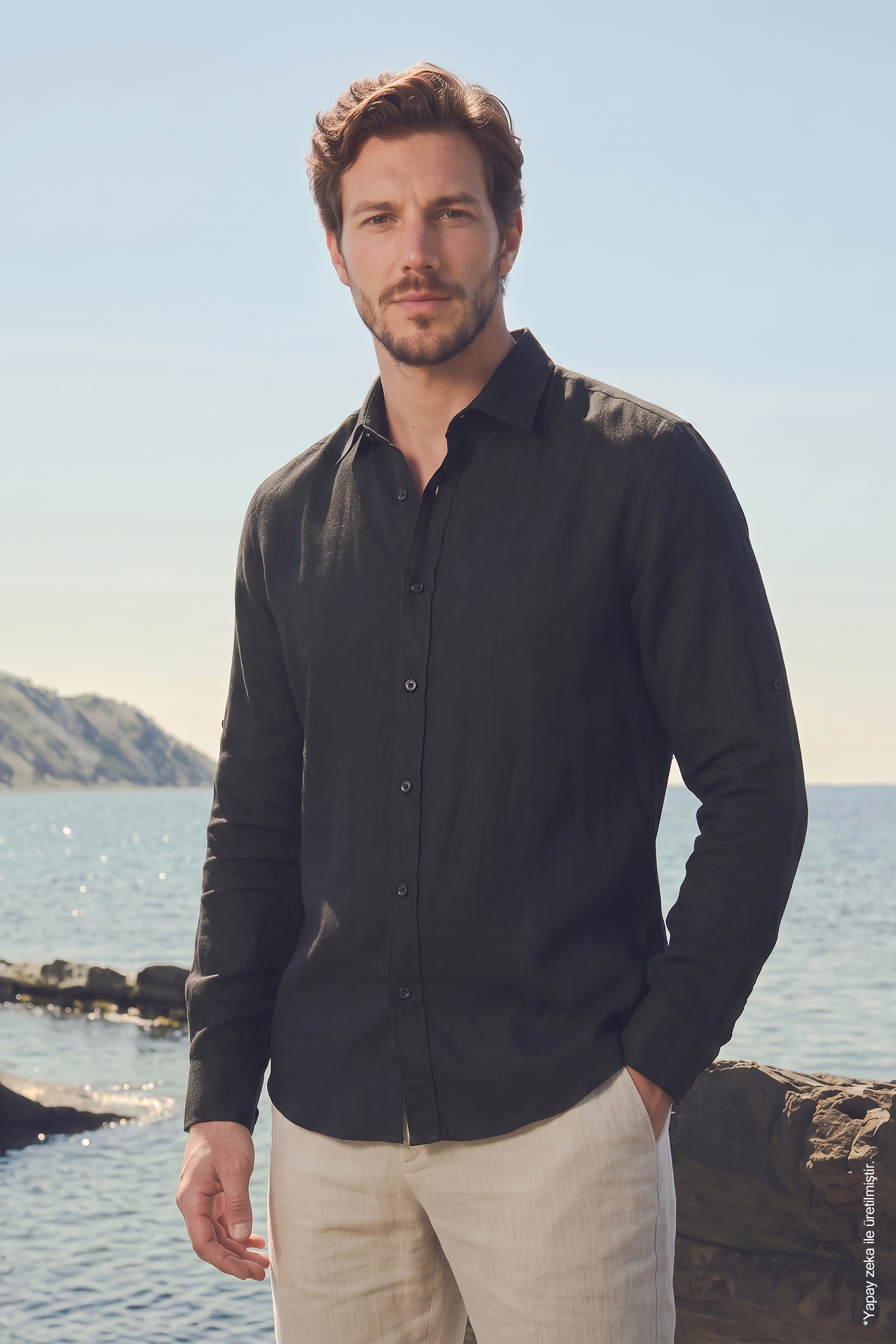 Siyah Keten Uzun Kollu Slim Fit Erkek Gömlek