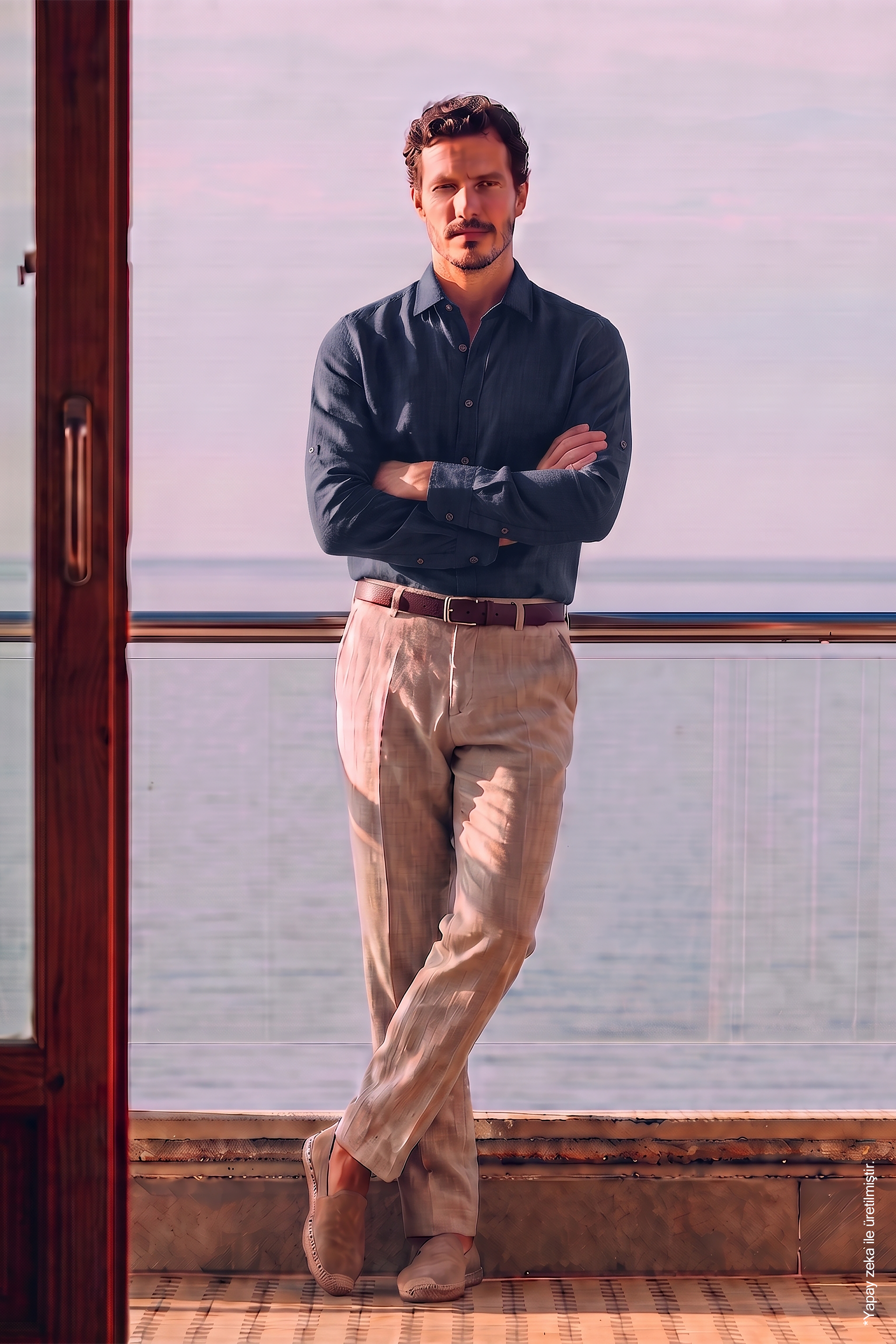 Lacivert Keten Düz Uzun Kollu Slim Fit Erkek Gömlek