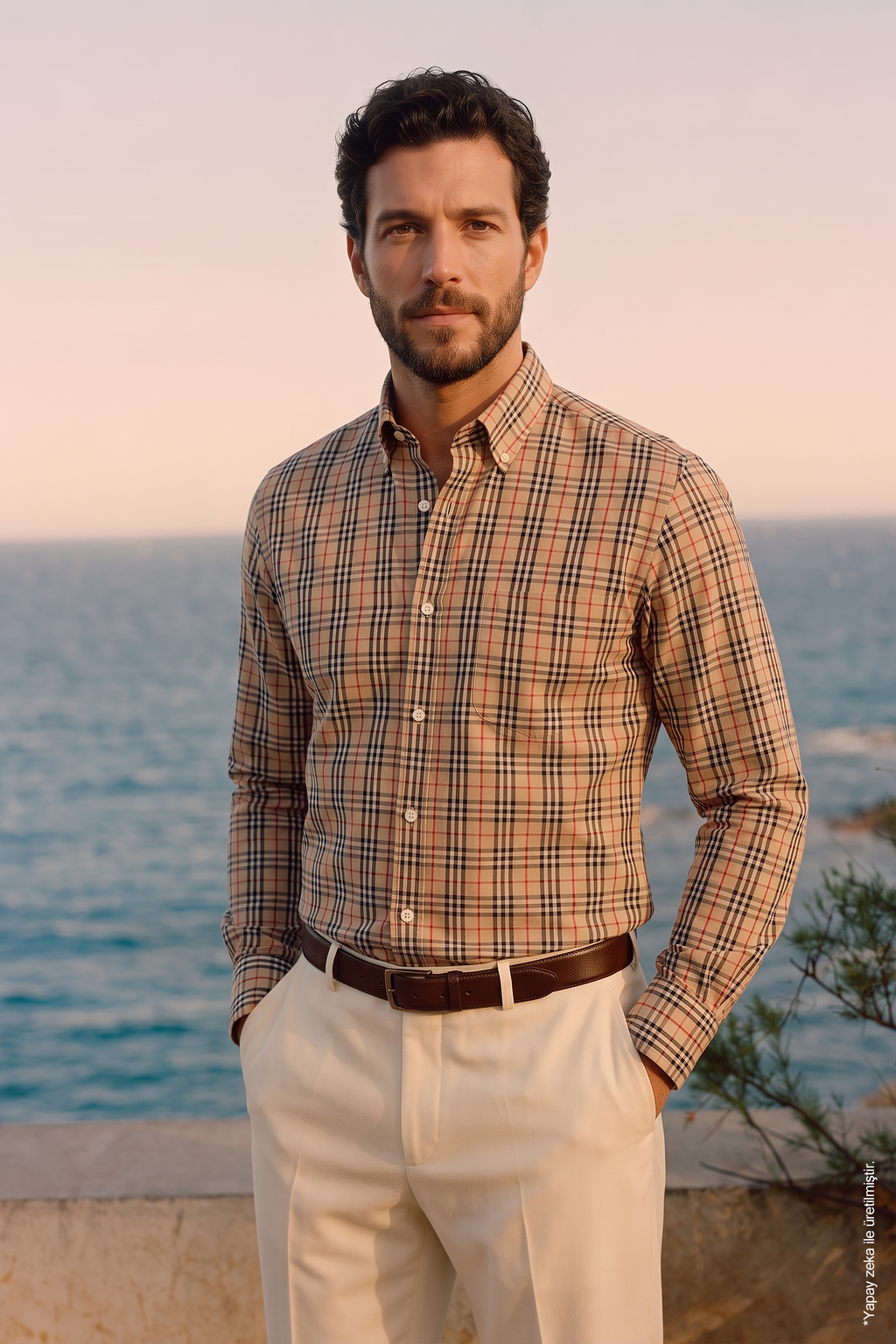 Bej Çok Renkli İnce Ekose Düğmeli Yaka Pamuk Slim Fit Erkek Gömlek