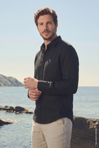 Siyah Keten Uzun Kollu Slim Fit Erkek Gömlek