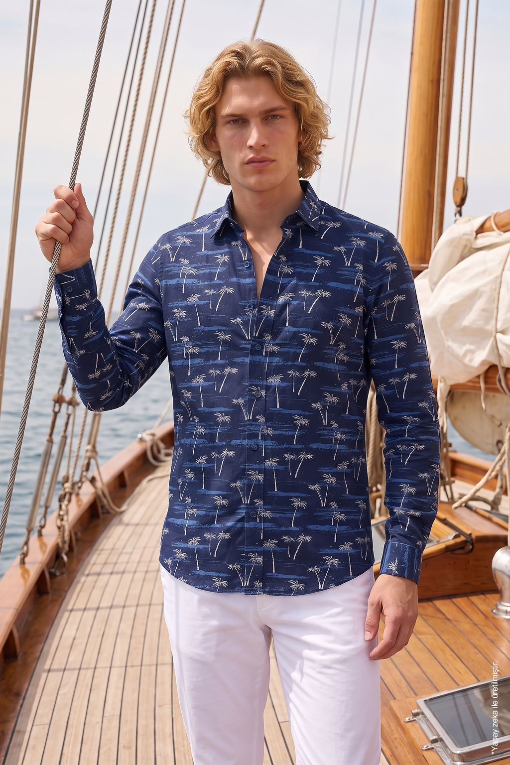 Lacivert Palmiye ve Sahil Desenli Slim Fit Erkek Gömlek
