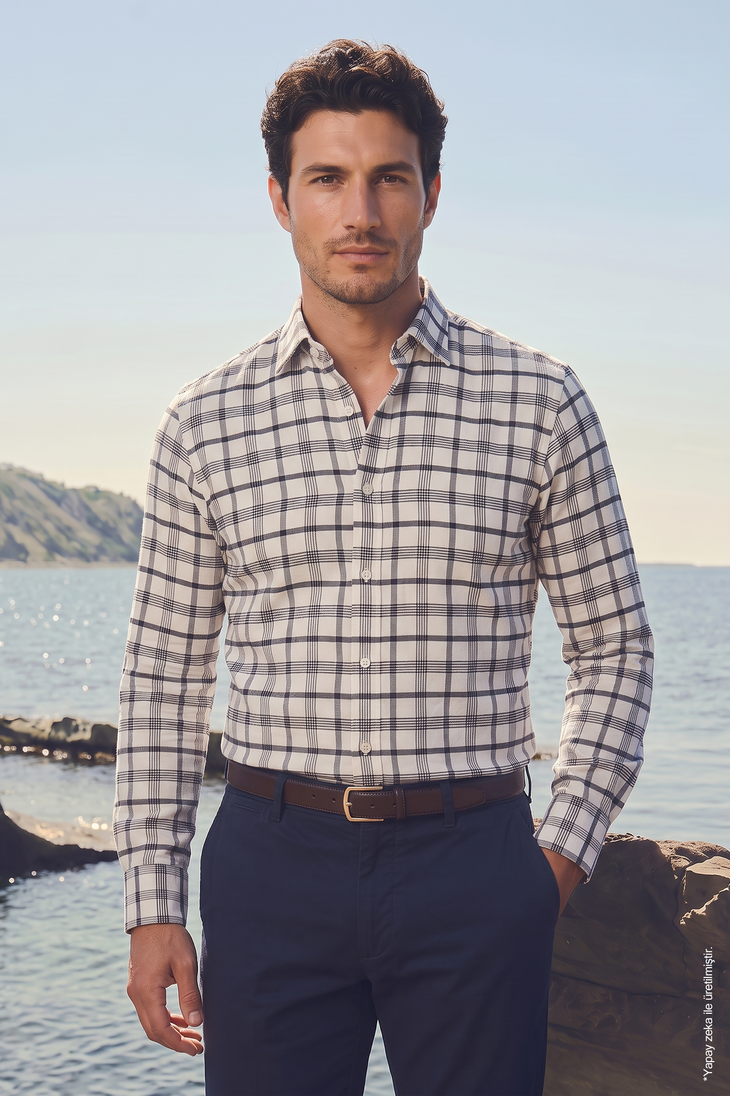 Beyaz Siyah Pamuk İnce Ekose Uzun Kollu Slim Fit Erkek Gömlek