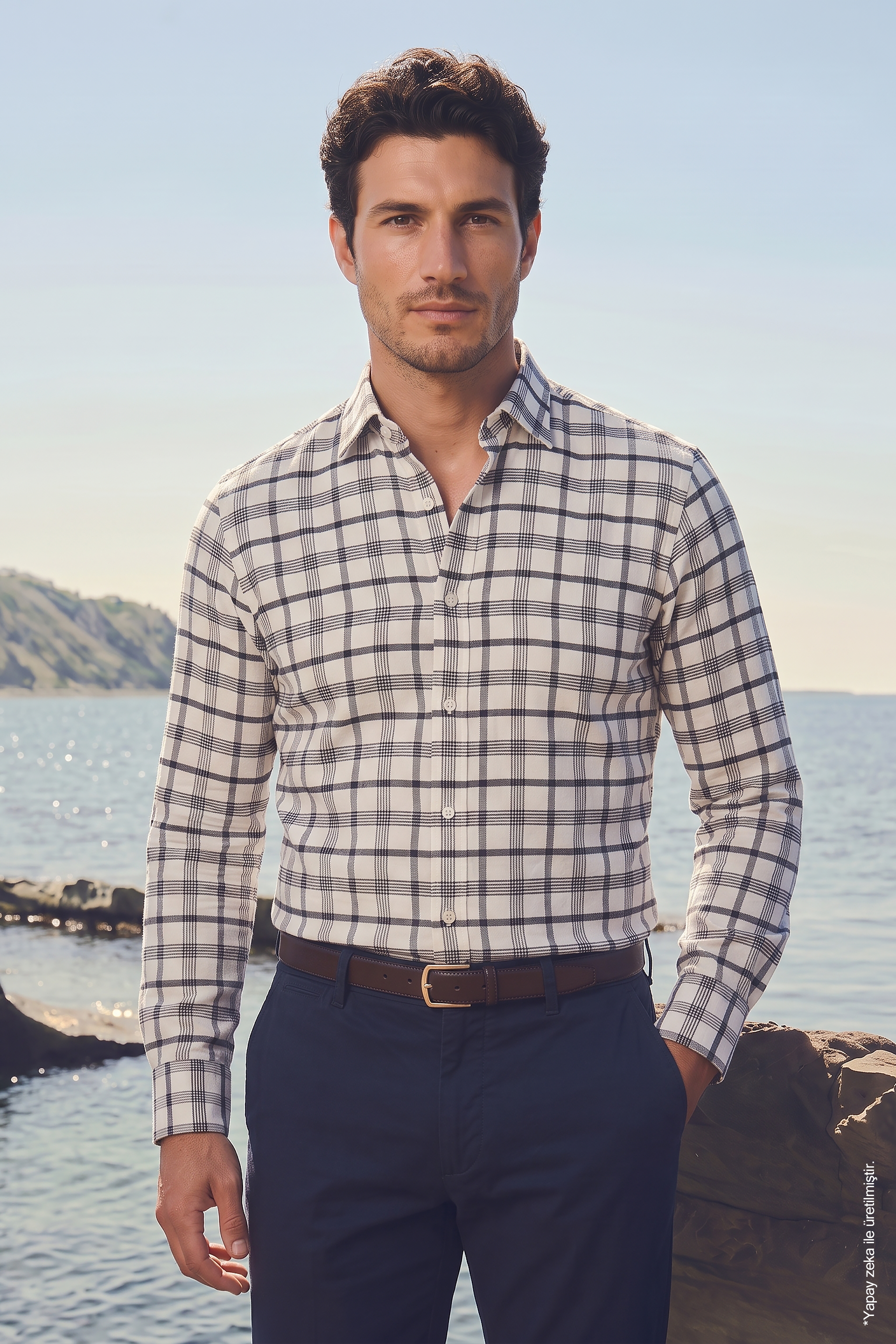 Beyaz Siyah Pamuk İnce Ekose Uzun Kollu Slim Fit Erkek Gömlek