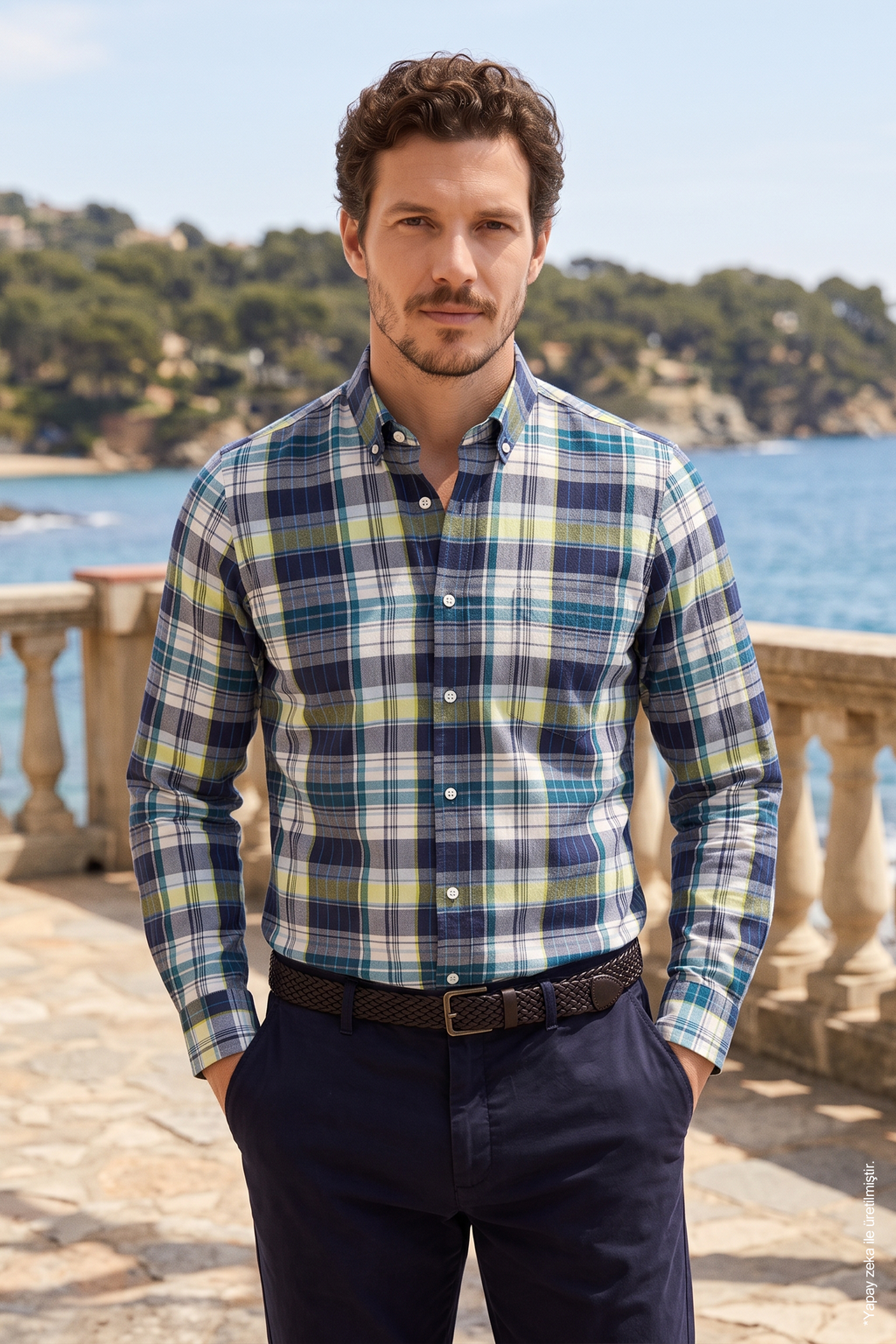 Mavi Yeşil Ekose Uzun Kollu Pamuk Slim Fit Erkek Gömlek