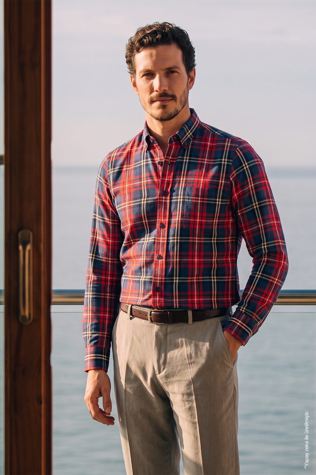 Kırmızı Lacivert Düğmeli Yaka Ekose Pamuk Slim Fit Erkek Gömlek