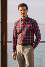 Kırmızı Lacivert Düğmeli Yaka Ekose Pamuk Slim Fit Erkek Gömlek