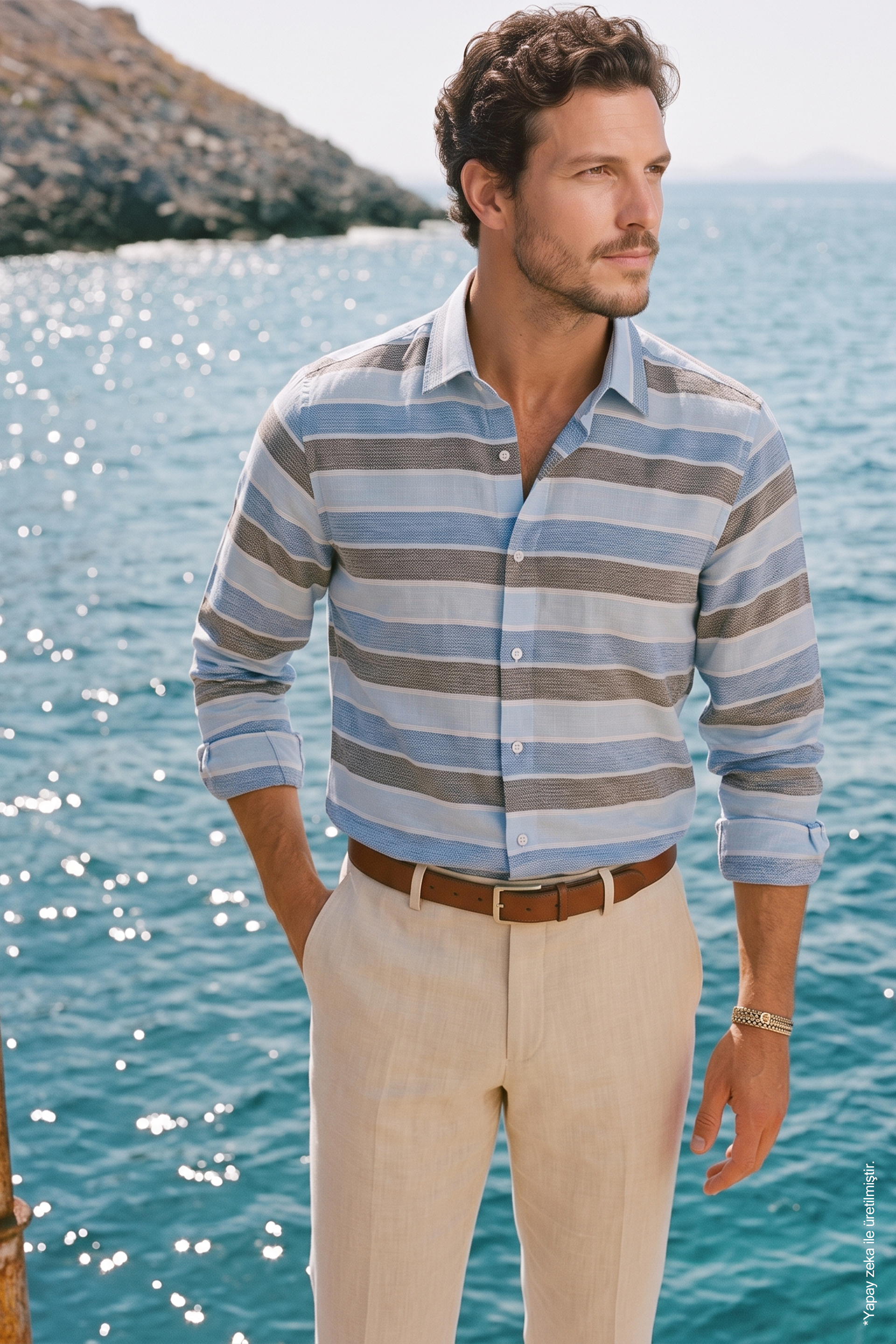 Mavi Gri Pamuk Geniş Yatay Çizgili Slim Fit Erkek Gömlek