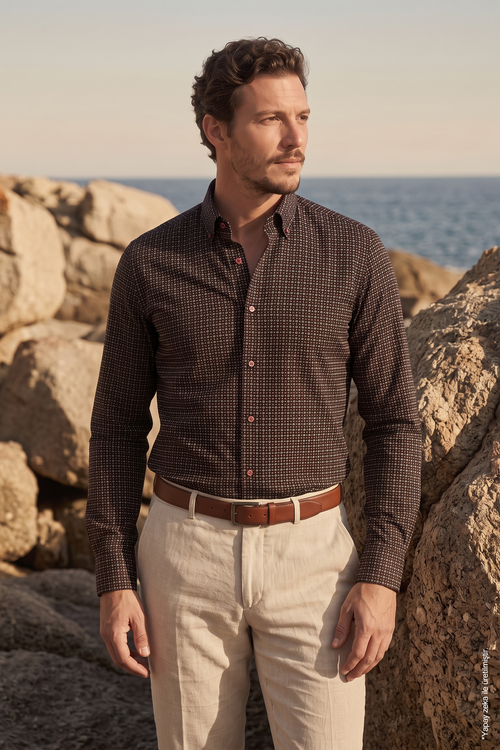 Siyah Uzun Kol Slim Fit Desenli Pamuk Erkek Gömlek