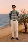 Light Green Long Sleeve Slim Fit Cotton Plaid Men's Shirt