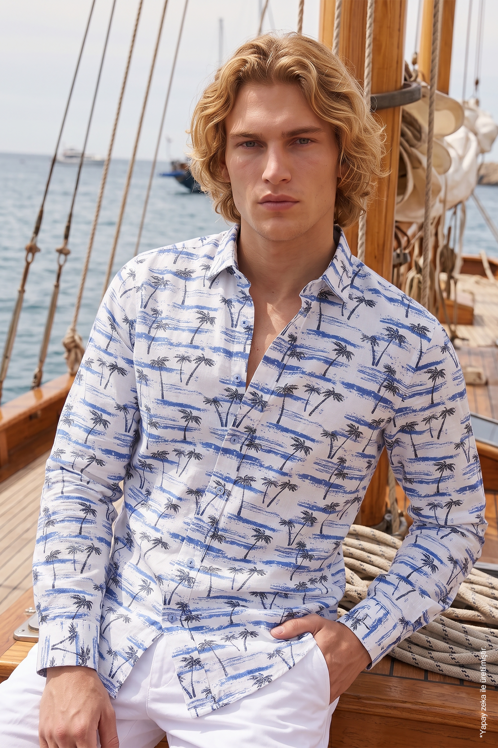 Beyaz Mavi Palmiye ve Sahil Desenli Slim Fit Erkek Gömlek