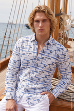 Beyaz Mavi Palmiye ve Sahil Desenli Slim Fit Erkek Gömlek