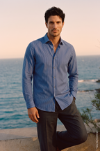 Saks Mavi Lacivert Dikey Çizgili Pamuk Uzun Kollu Slim Fit Erkek Gömlek