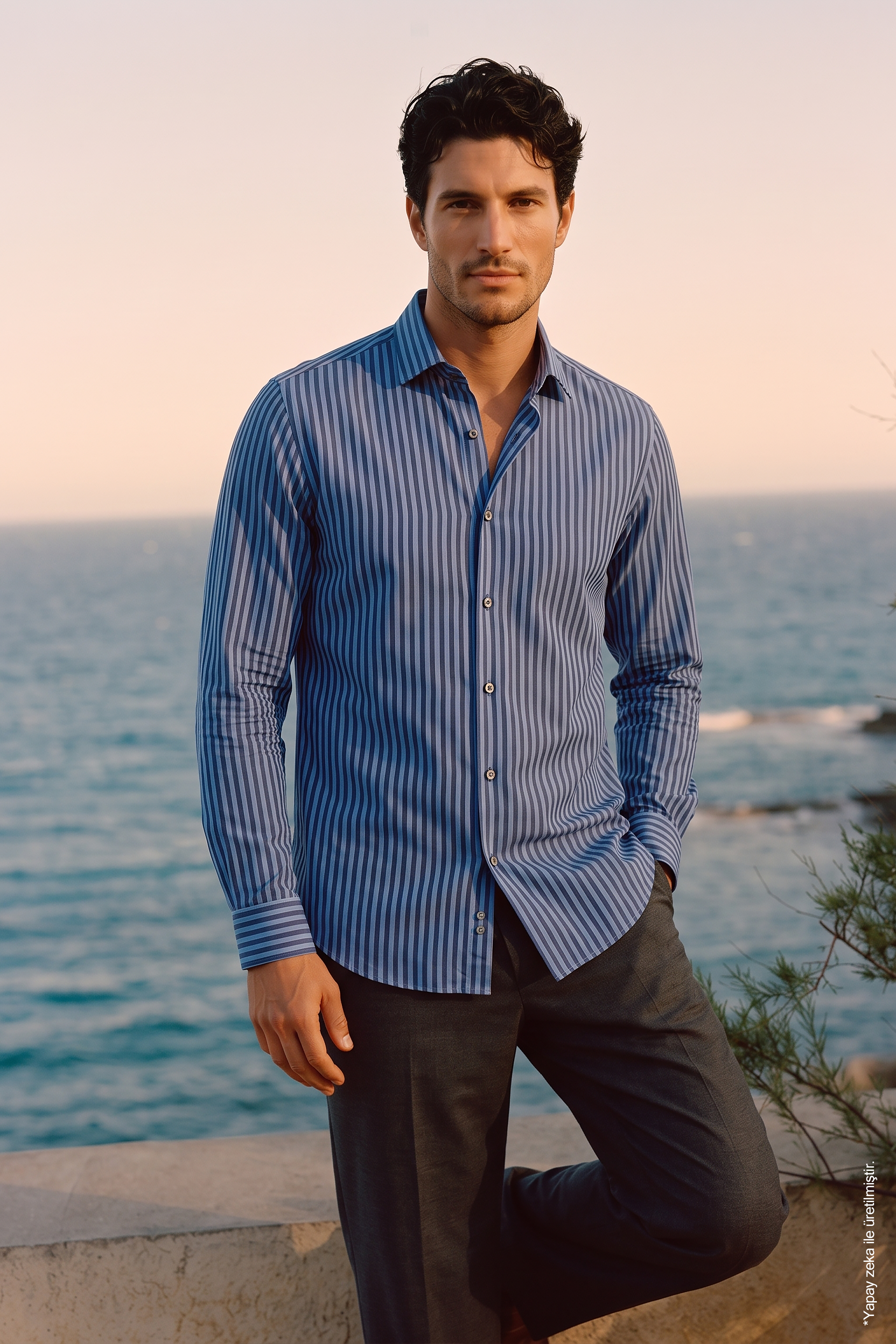 Saks Mavi Lacivert Dikey Çizgili Pamuk Uzun Kollu Slim Fit Erkek Gömlek