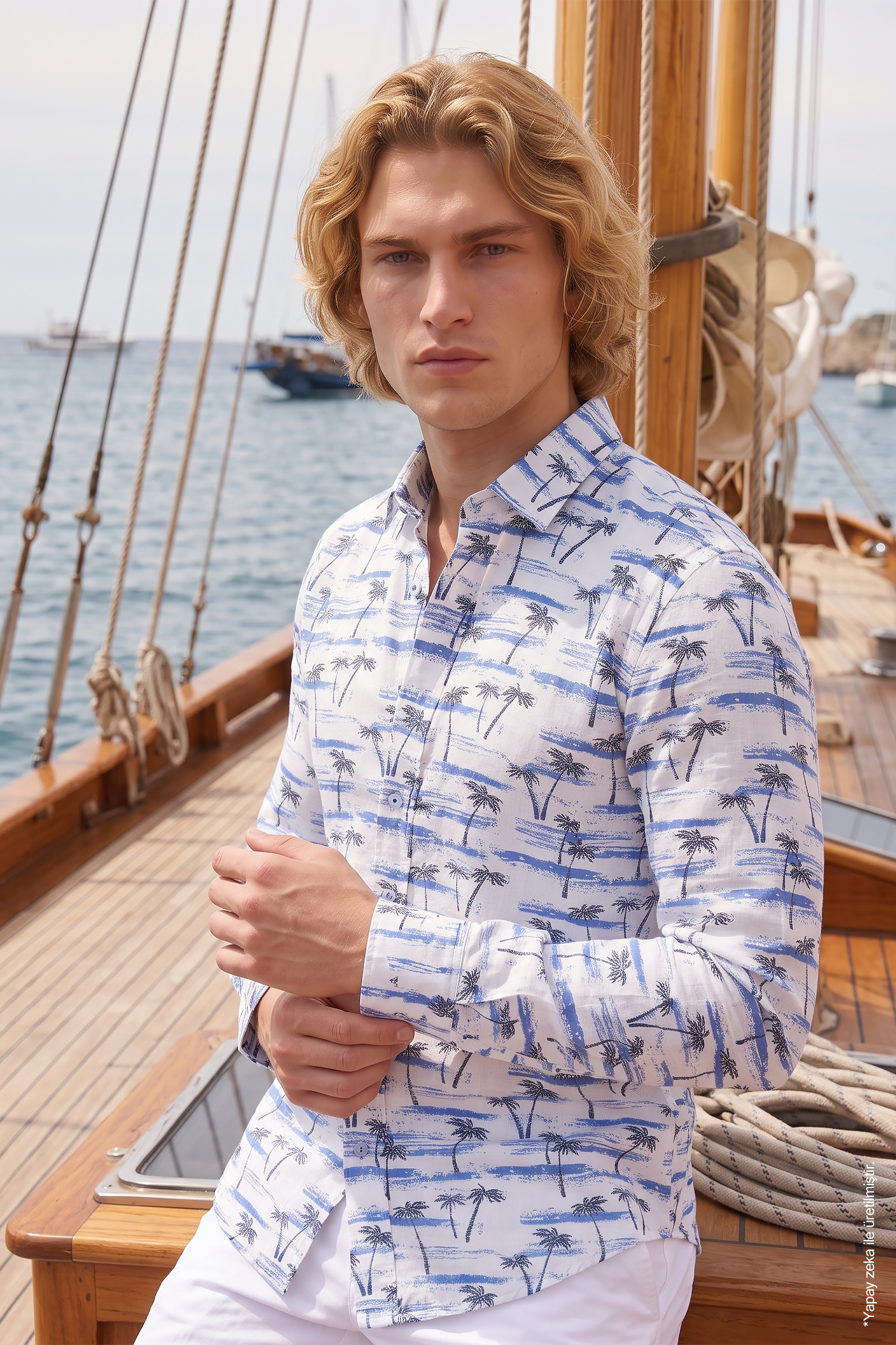 Beyaz Mavi Palmiye ve Sahil Desenli Slim Fit Erkek Gömlek