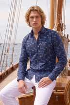 Lacivert Palmiye ve Sahil Desenli Slim Fit Erkek Gömlek