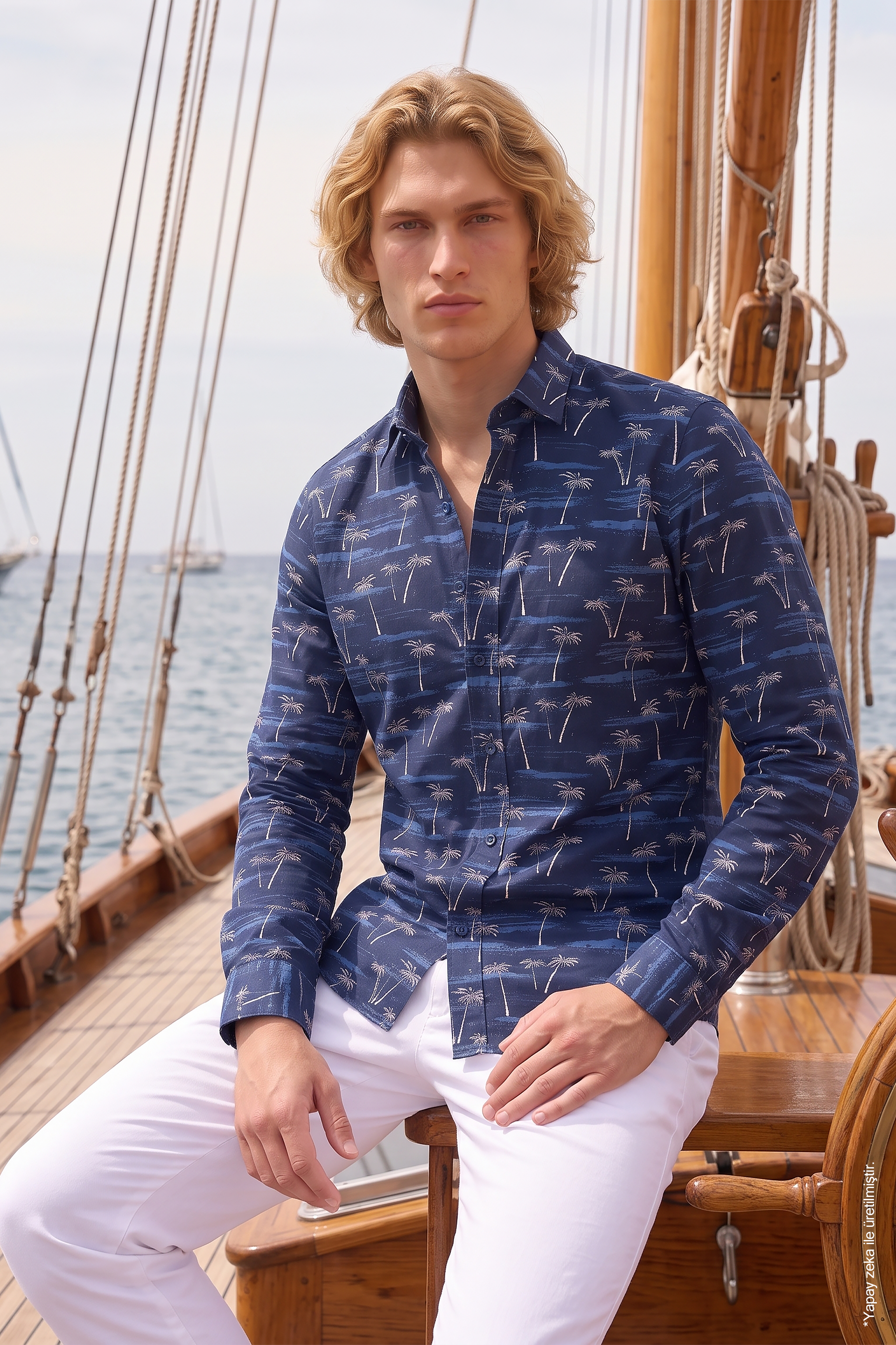 Lacivert Palmiye ve Sahil Desenli Slim Fit Erkek Gömlek