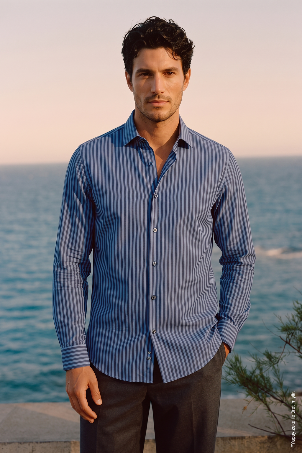 Saks Mavi Lacivert Dikey Çizgili Pamuk Uzun Kollu Slim Fit Erkek Gömlek