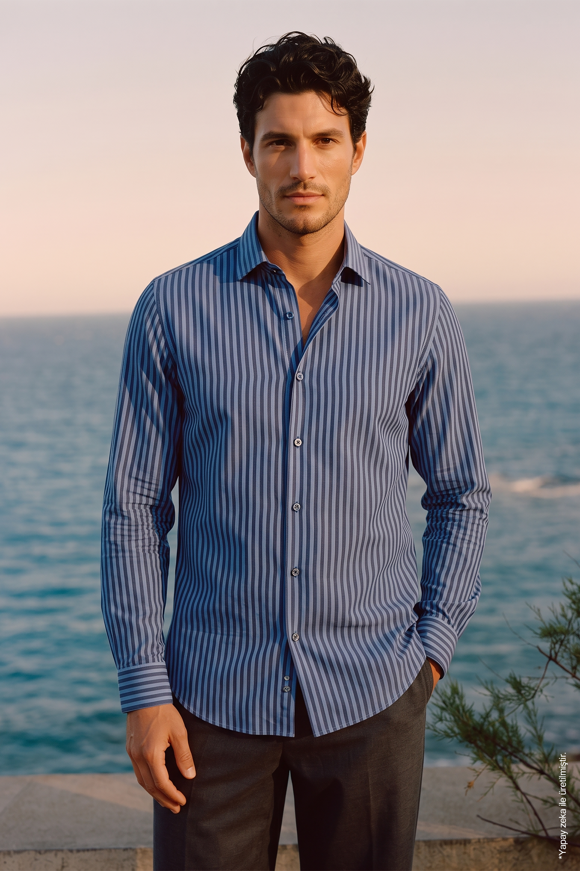Saks Mavi Lacivert Dikey Çizgili Pamuk Uzun Kollu Slim Fit Erkek Gömlek