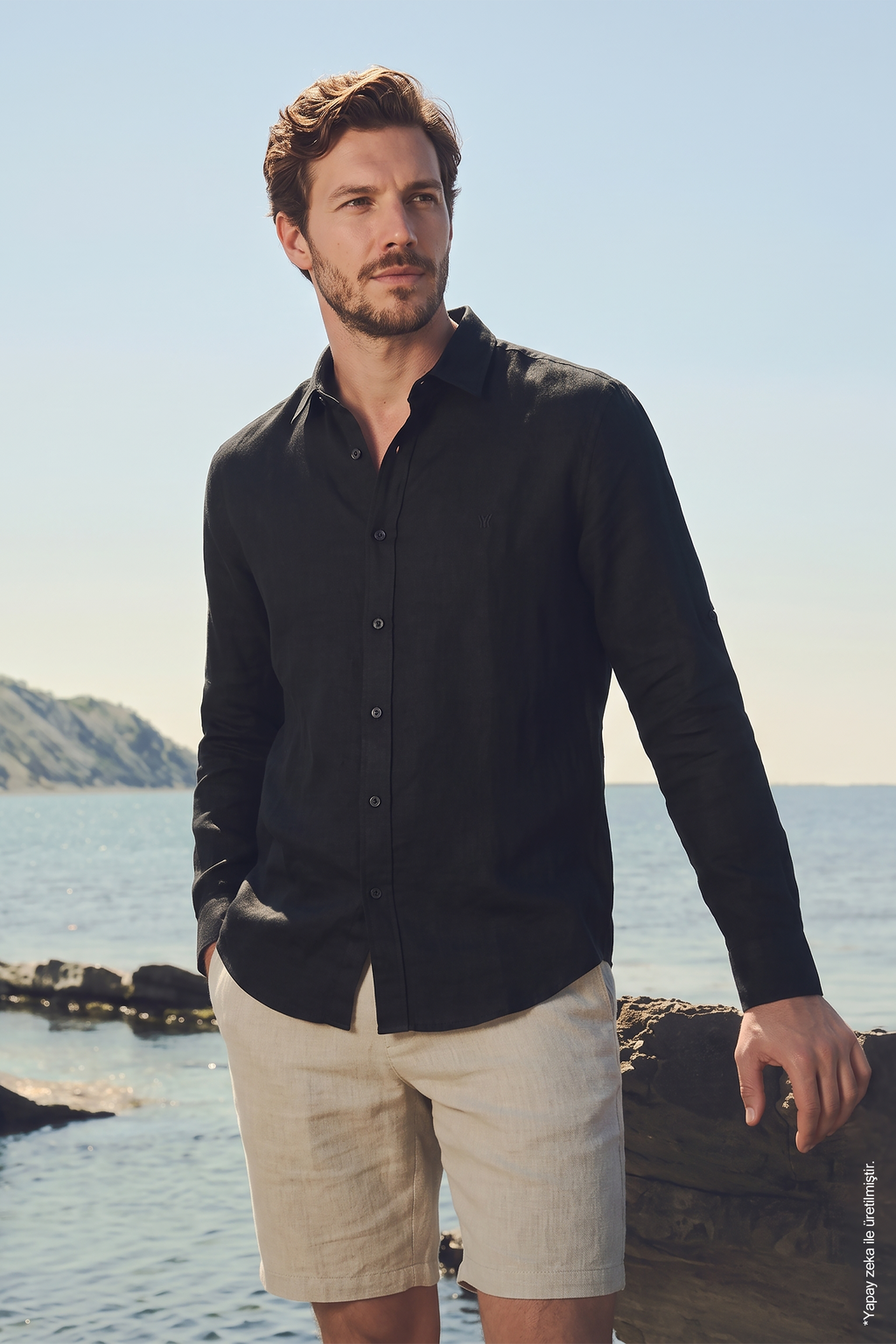 Siyah Keten Uzun Kollu Slim Fit Erkek Gömlek