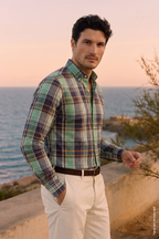 Light Green Long Sleeve Slim Fit Cotton Plaid Men's Shirt
