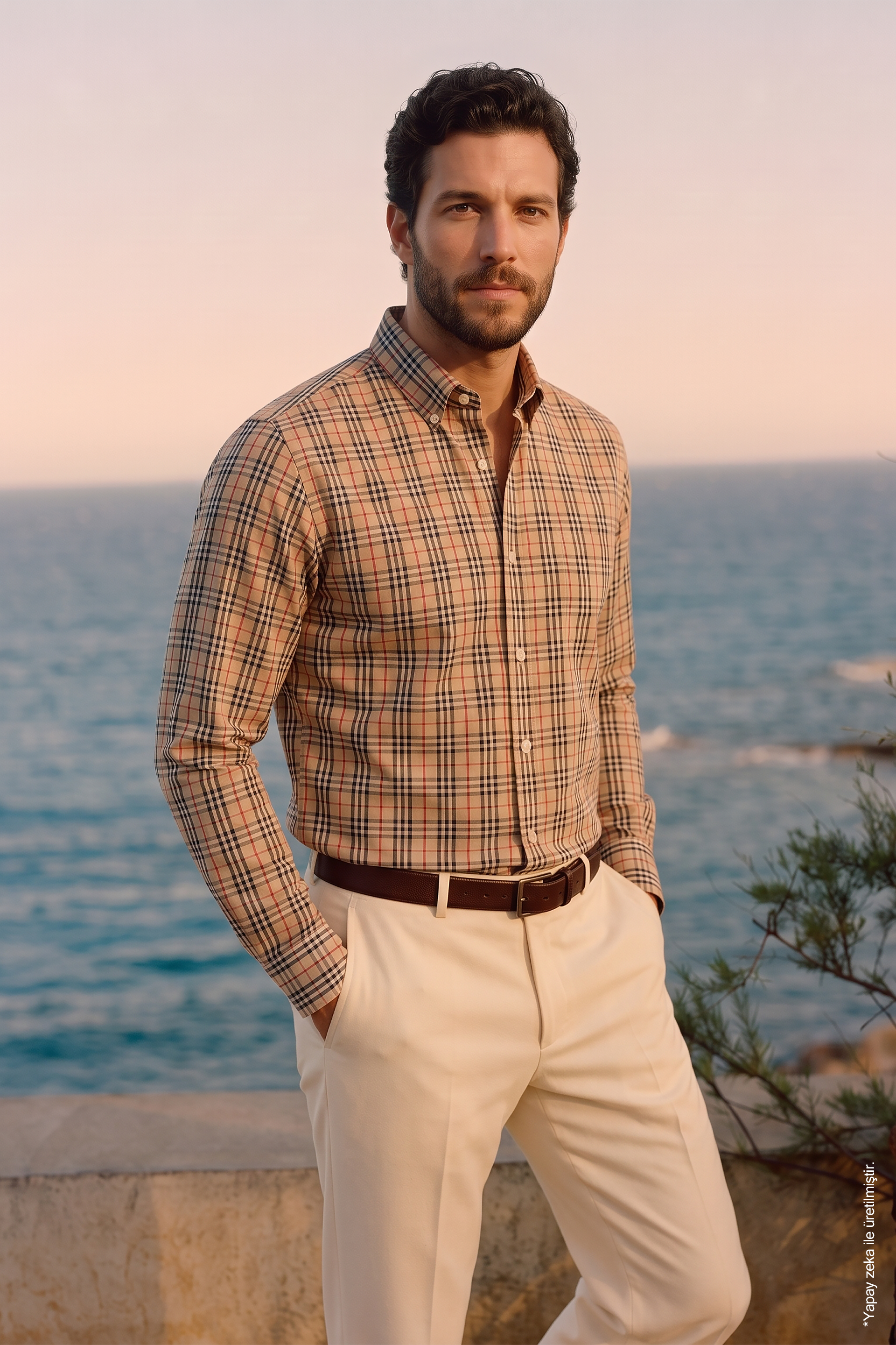 Bej Çok Renkli İnce Ekose Düğmeli Yaka Pamuk Slim Fit Erkek Gömlek