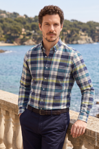 Mavi Yeşil Ekose Uzun Kollu Pamuk Slim Fit Erkek Gömlek
