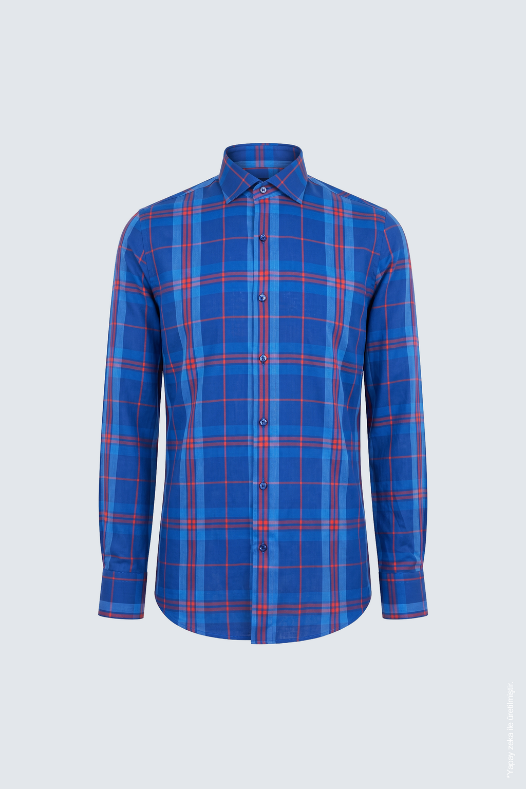 Mavi Kırmızı Ekose Pamuk Uzun Kollu Slim Fit Erkek Gömlek