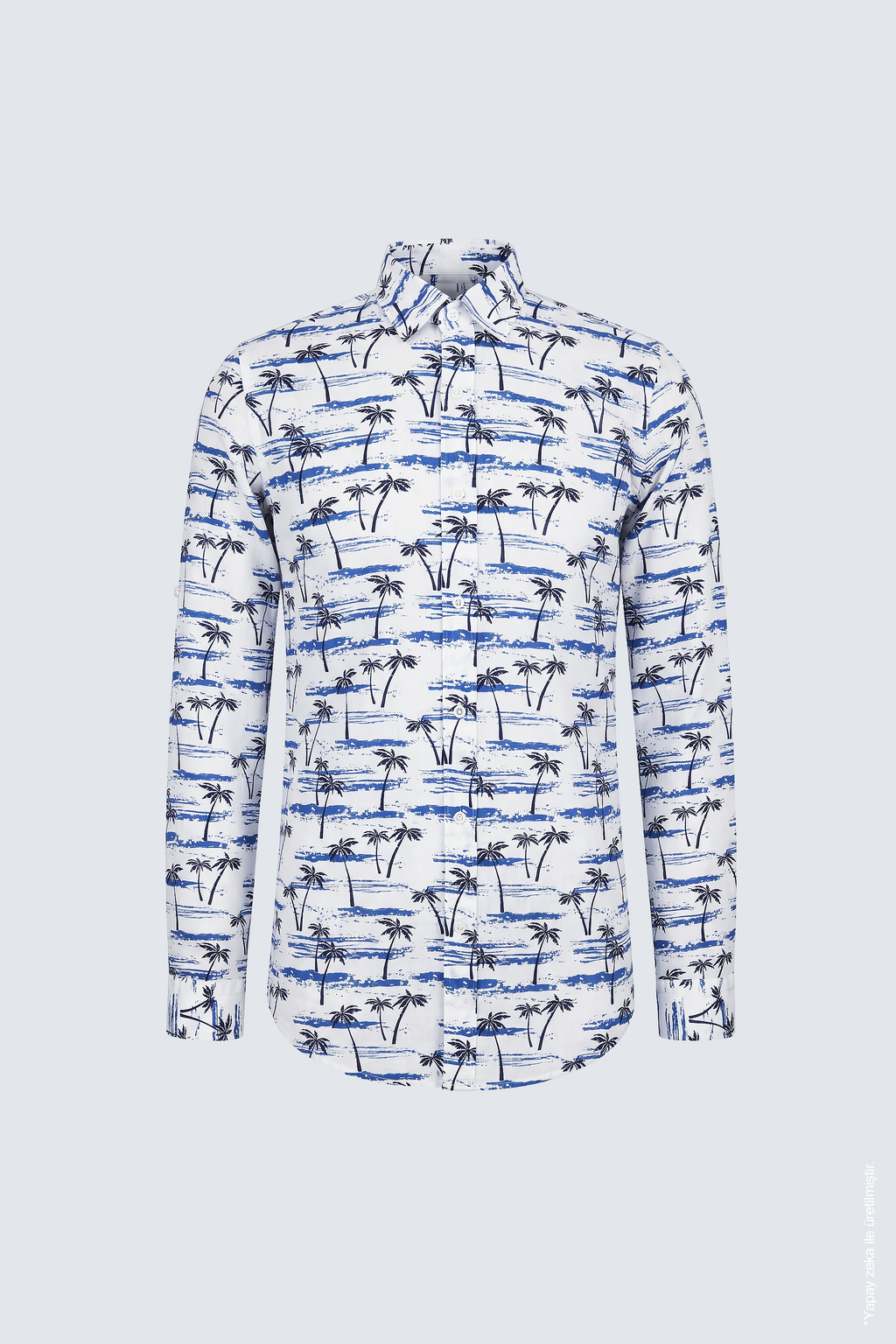Beyaz Mavi Palmiye ve Sahil Desenli Slim Fit Erkek Gömlek