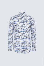 Beyaz Mavi Palmiye ve Sahil Desenli Slim Fit Erkek Gömlek