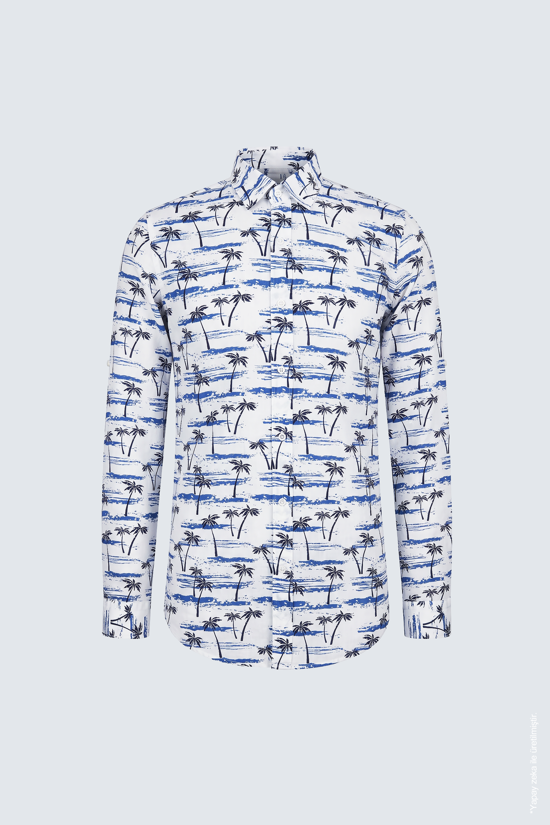 Beyaz Mavi Palmiye ve Sahil Desenli Slim Fit Erkek Gömlek