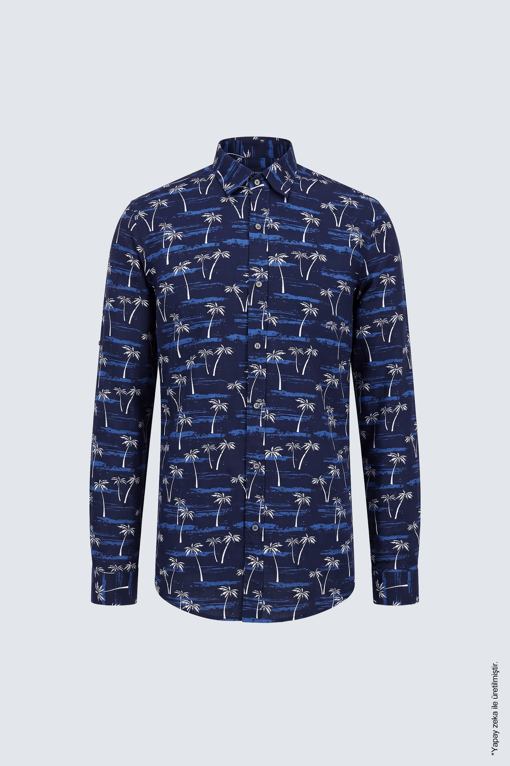 Lacivert Palmiye ve Sahil Desenli Slim Fit Erkek Gömlek