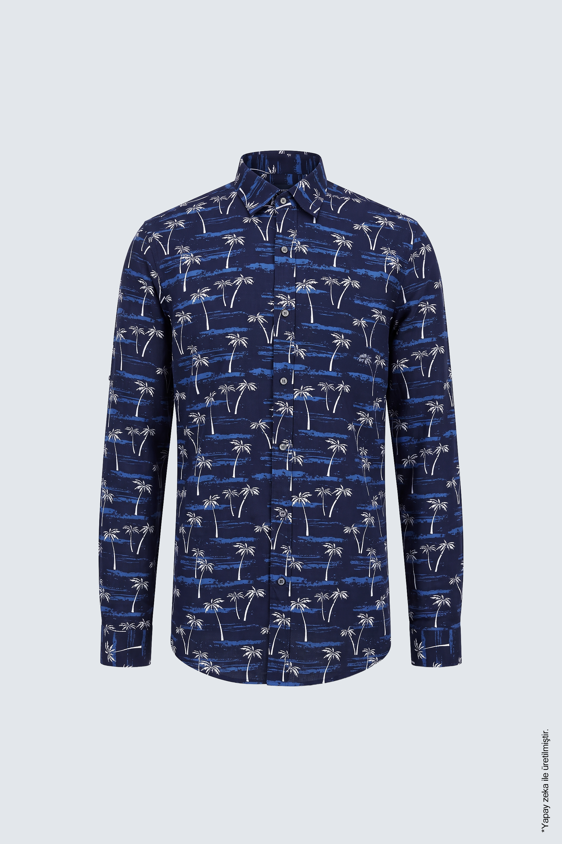 Lacivert Palmiye ve Sahil Desenli Slim Fit Erkek Gömlek