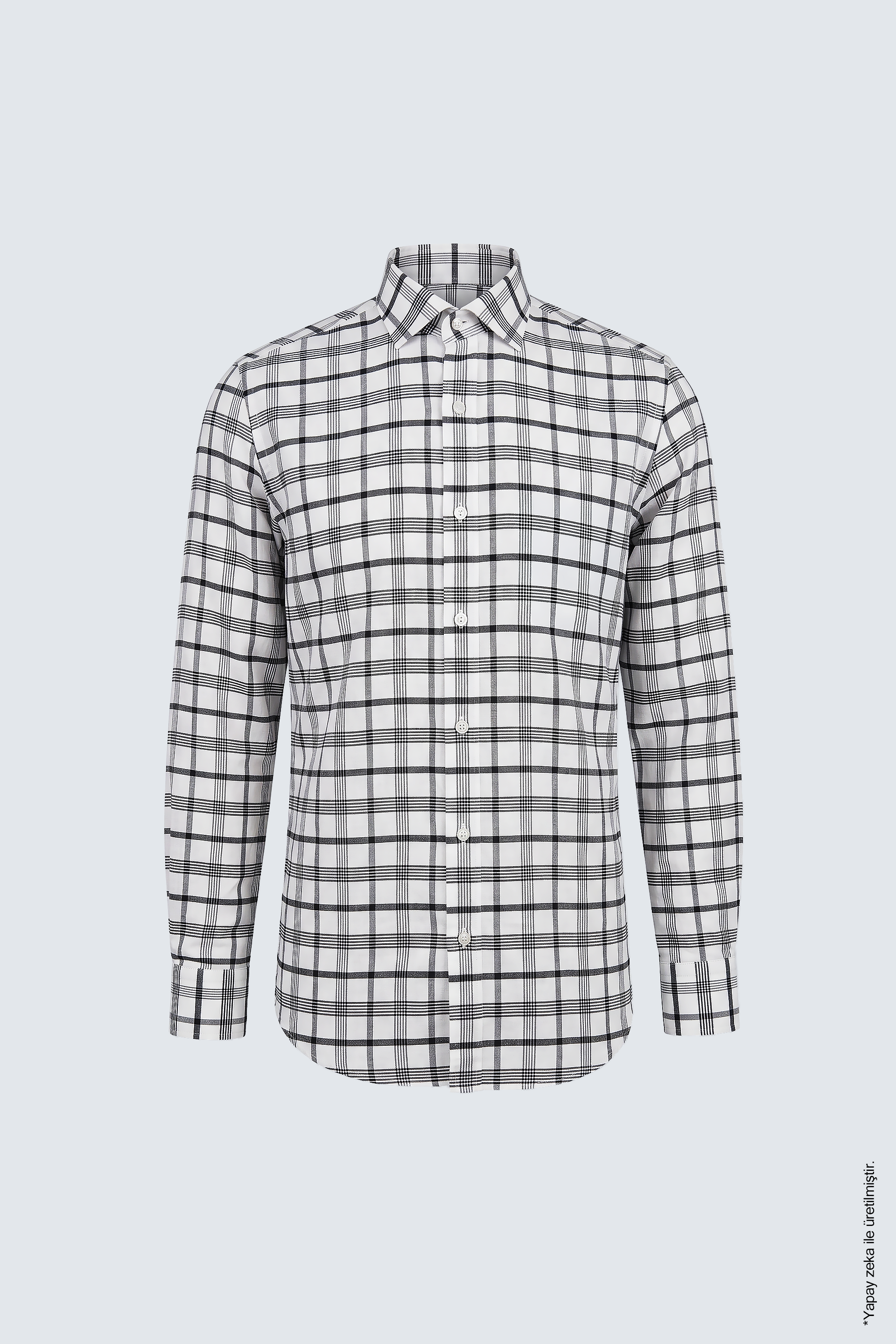Beyaz Siyah Pamuk İnce Ekose Uzun Kollu Slim Fit Erkek Gömlek