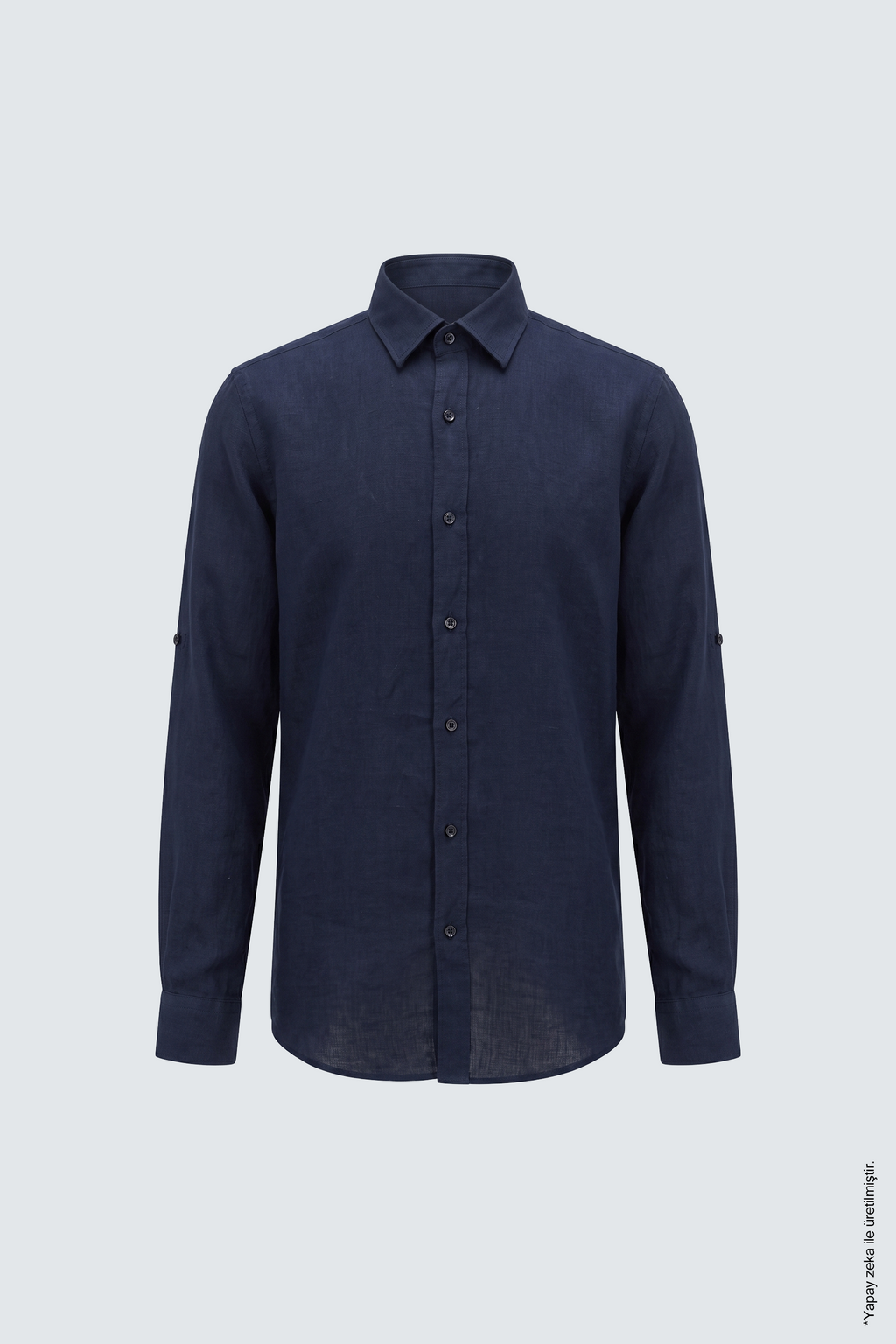 Lacivert Keten Düz Uzun Kollu Slim Fit Erkek Gömlek