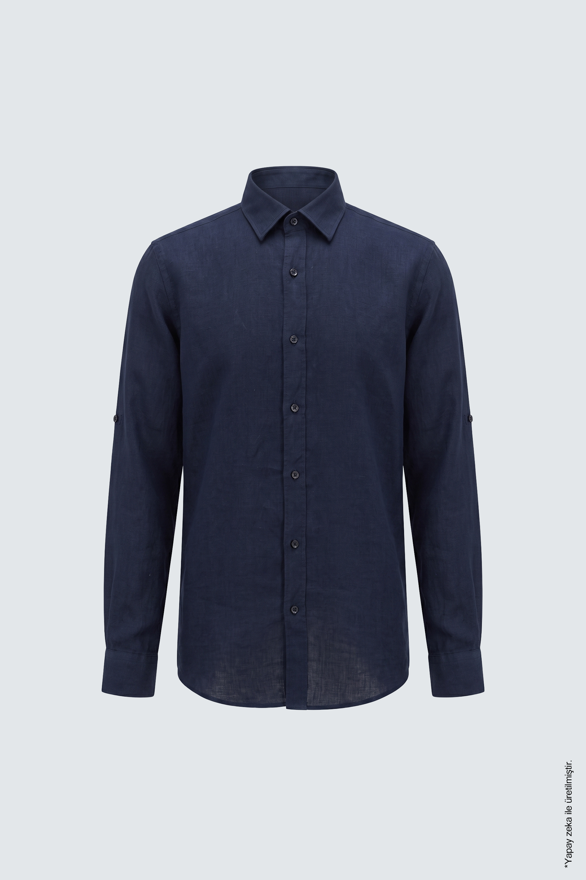 Lacivert Keten Düz Uzun Kollu Slim Fit Erkek Gömlek