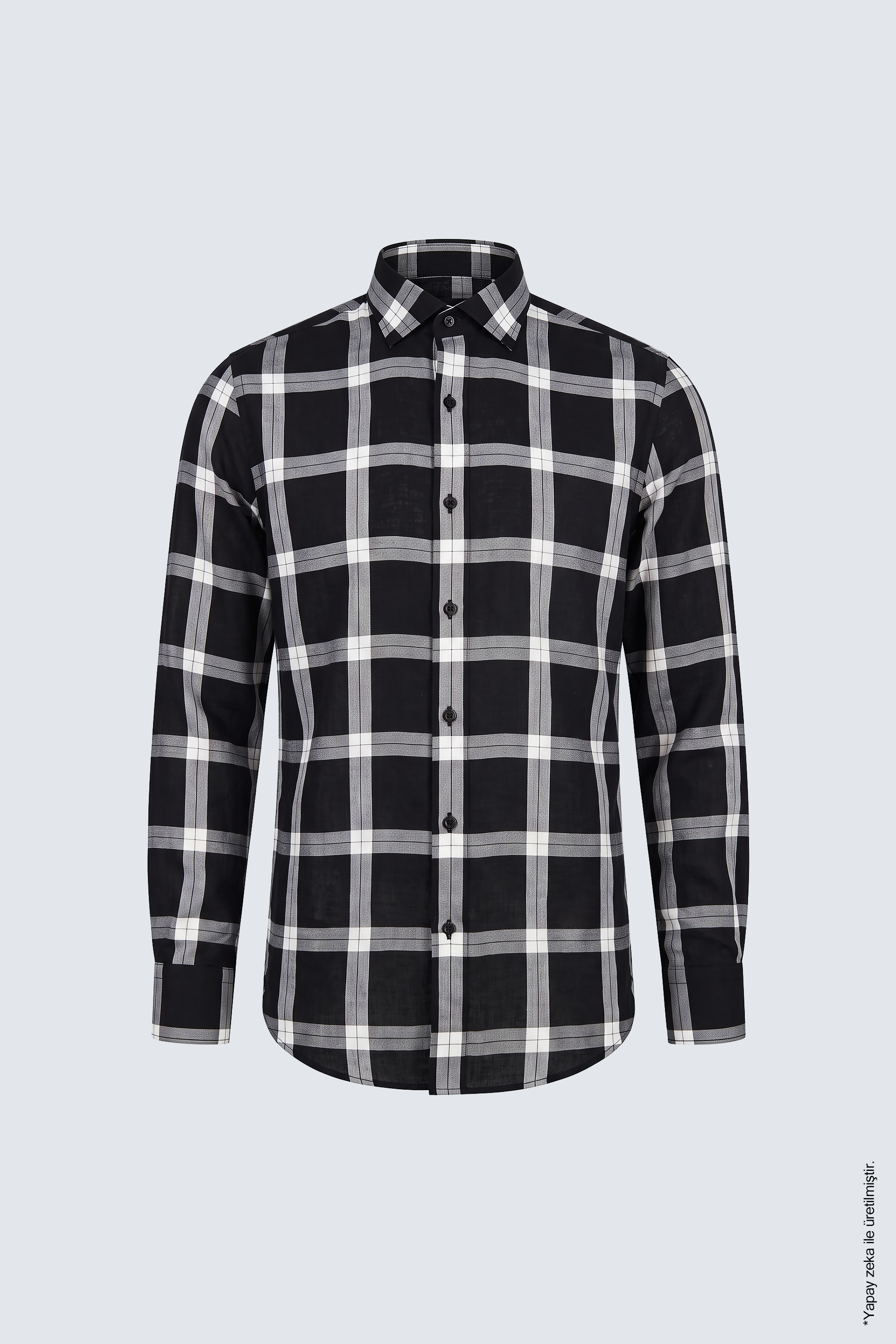 Siyah Beyaz Büyük Ekose Pamuk Uzun Kollu Slim Fit Erkek Gömlek